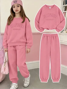 SHEIN Reset Phase 青少年女孩 2 件套運動衫慢跑褲套裝，加州圖案，圓領長袖抓絨內裡，適合學校慢跑、運動，紫色秋季 80 年代風 - 粉色 - 查看 1