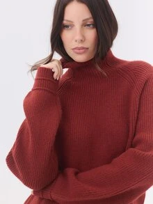 KÆRIA Hus Roll Neck Raglan Sweater - Lofty Rib Knit - Rust Red - Turnback Cuffs,Cosy Knitwear, Winter Layering - Red - View 1