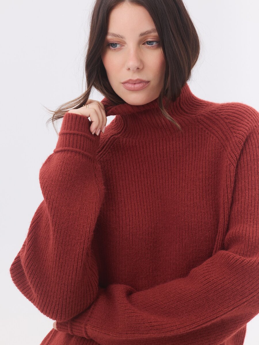 KÆRIA Hus Roll Neck Raglan Sweater - Lofty Rib Knit - Rust Red - Turnback Cuffs,Cosy Knitwear, Winter Layering - Red - View 1