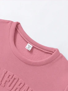 SHEIN Reset Phase 青少年女孩 2 件套運動衫慢跑褲套裝，加州圖案，圓領長袖抓絨內裡，適合學校慢跑、運動，紫色秋季 80 年代風 - 粉色 - 查看 7