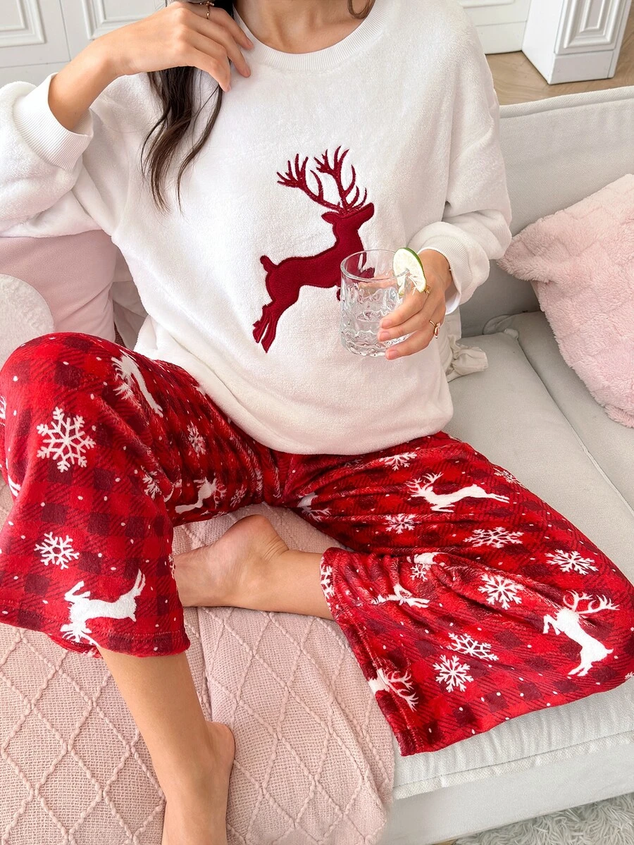 SweetSlumber Sweet INS Cute Christmas Reindeer Plaid Snowflake Print Plush Women's Pajama Set - Multicolor - View 1