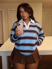 Slaydiva Plus Size Korean Style Striped Colorblock Long Sleeve Sweatshirt - Multicolor - View 1