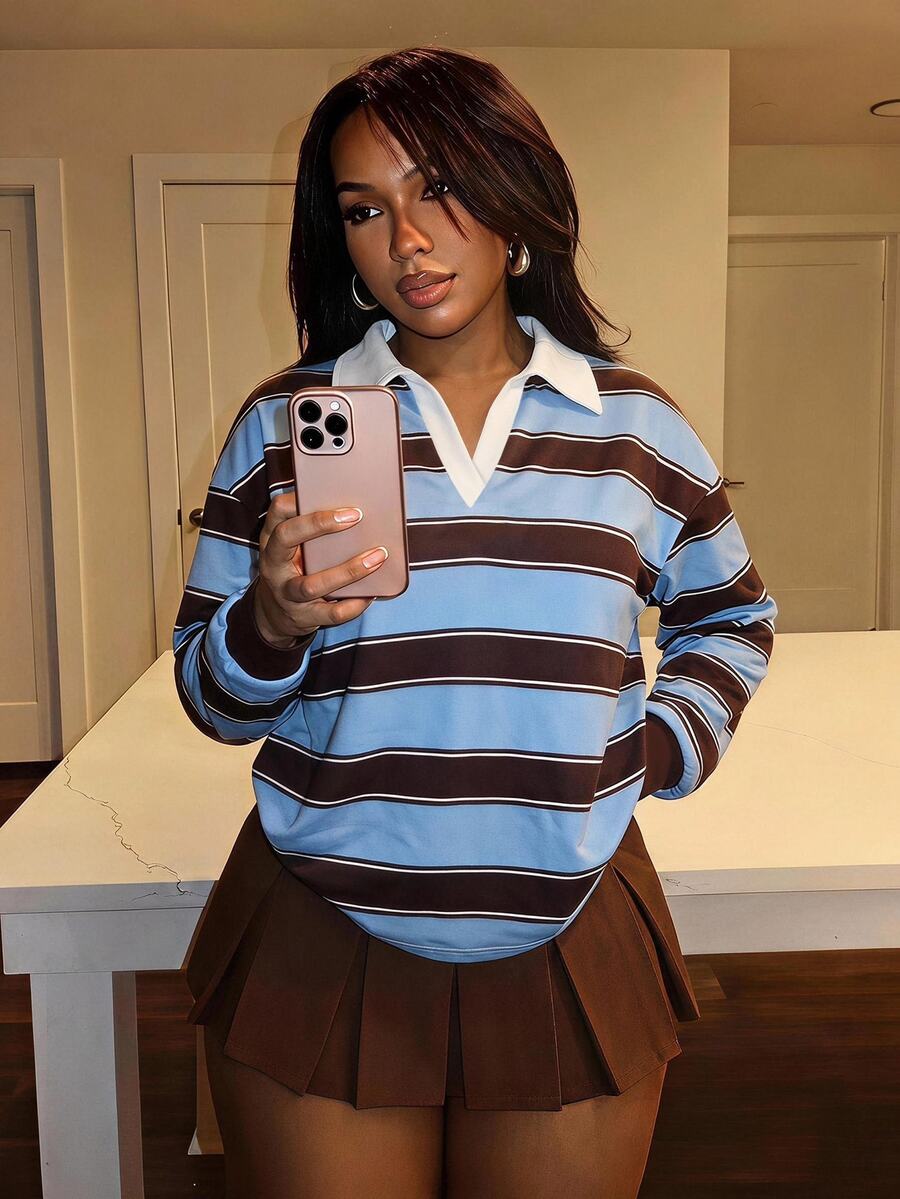 Slaydiva Plus Size Korean Style Striped Colorblock Long Sleeve Sweatshirt - Multicolor - View 1