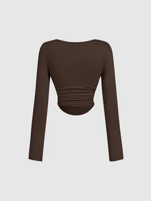 SHEIN MOD 3件組女款百褶休閒性感方領長袖T恤上衣套裝，保暖衣物，適合秋季日常外出與夜晚外出的上衣，黑色、深棕色、米色 - 酒紅色 - 查看 11