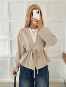 SHEIN EZwear Women's Minimalist Long Sleeve Overcoat, Versatile For Daily Wear - Light Grey - View 3
