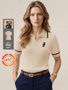 Briarwyn 秋季女款休閒可愛對比飾邊熊刺繡短袖 Polo 領粗針編織上衣，黑白配色，校園返校季老錢風 - 杏色 - 查看 2