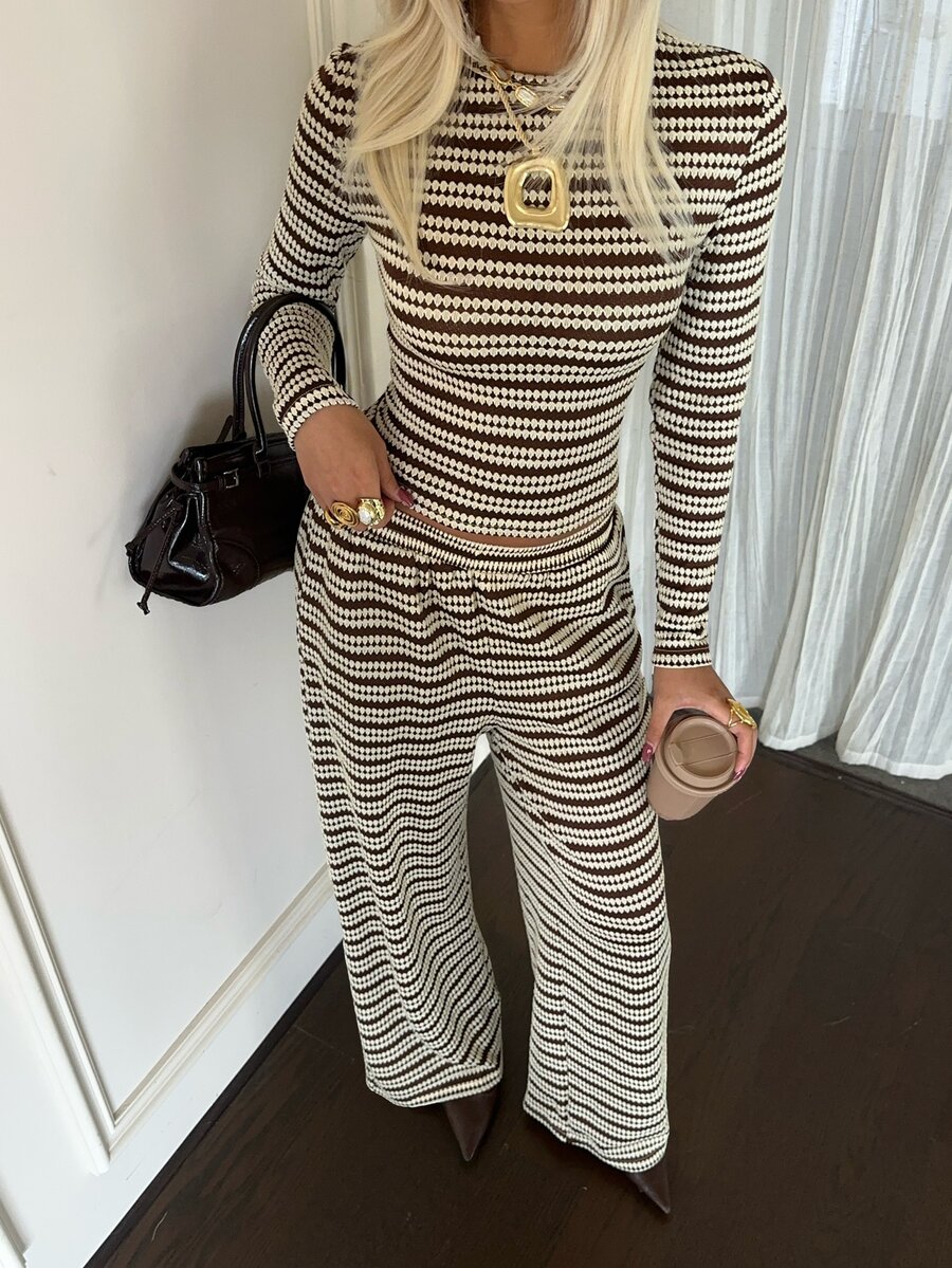 SHEIN EZwear Striped Knit Casual Set For Women - Coffee Brown - View 1
