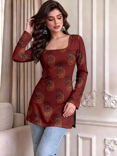 Rue Lumi Burgundy Paisley Print Kurtis Kurtas & Tunics T-Shirt, Autumn Square Neck Slim Fit Side Slit Long Sleeve Base Layer, Diwali Theme Casual Outfit
