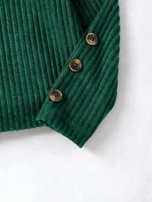 SHEIN 少女美式學院風服飾套裝，紋理長袖T恤上衣搭配同色系鈕扣裙 2件套套裝 - 墨綠色 - 查看 7