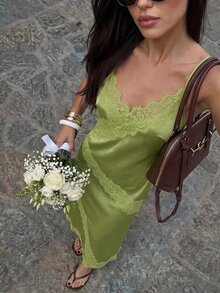 Firerie 女款蕾絲拼接性感約會長版細肩帶洋裝 - 綠色 - 查看 2