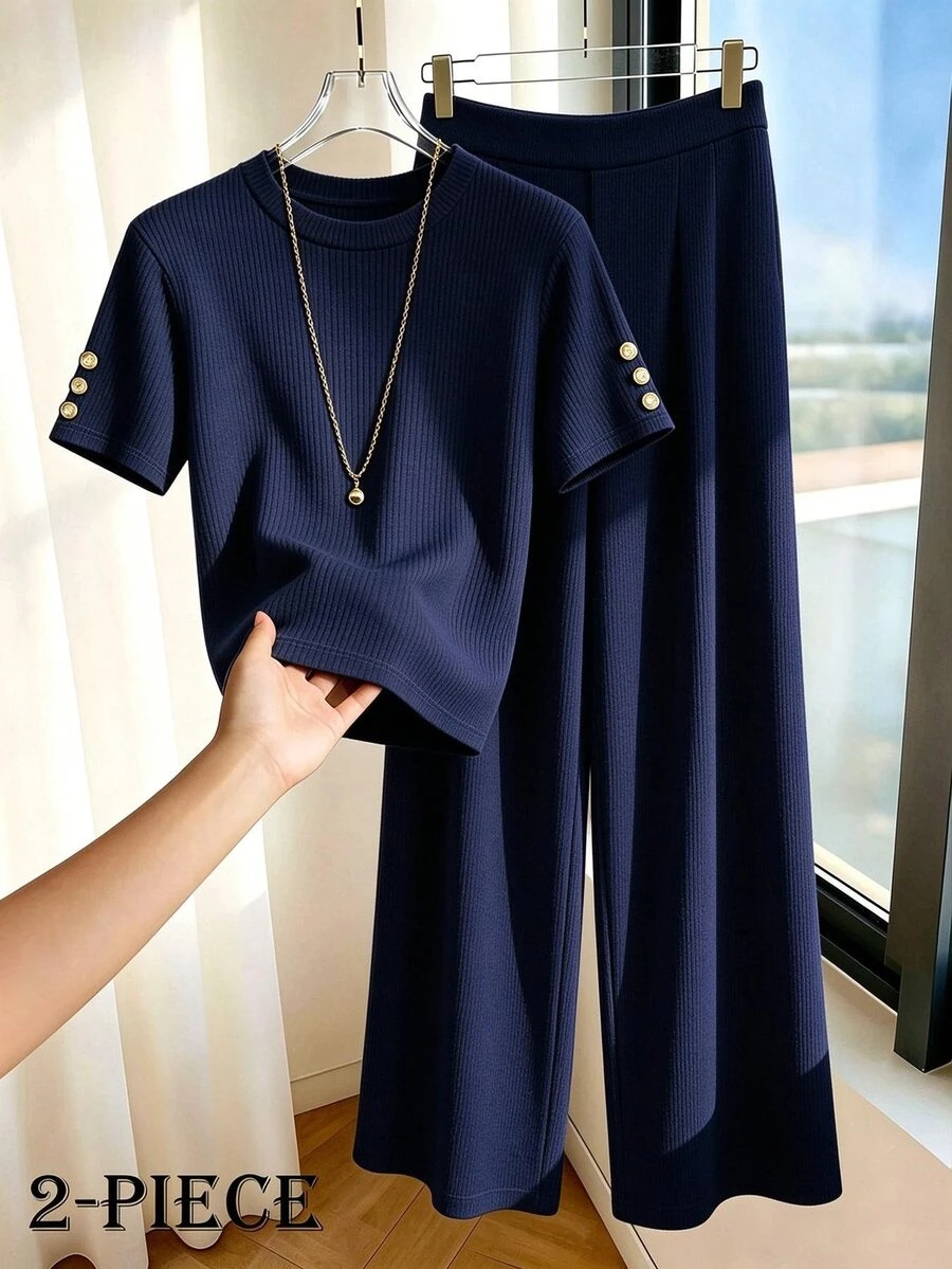 GlowEve CURVE Plus Size Women Navy Blue Ribbed Knit Round Neck Metal Button Short Sleeve Top & Elastic Waist Wide Leg Pants 2 Pieces Set,Daily Casual Matching Outfit - Royal Blue - View 1