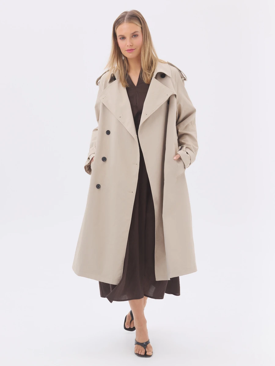 KÆRIA Hus Belted Double-Breasted Trench Coat - Tech Trench Woven - Stone - Classic, Capsule Wardrobe, Layering - Khaki - View 1