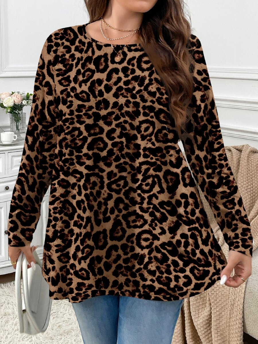 Firerie Vintage Leopard Print Casual Minimalist Round Neck Plus Size T-Shirt Autumn/Winter - Multicolor - View 1