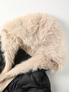 Easura Plus Size Winter Faux Fur Patchwork Hooded Padded Coat With Pockets - Black - View 12