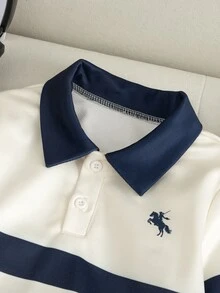 小男孩 2 件組條紋 Polo 領拼色運動衫與長褲套裝 英倫風刺繡馬標誌套頭上衣 白色慢跑褲休閒運動服 - 杏色 - 查看 4
