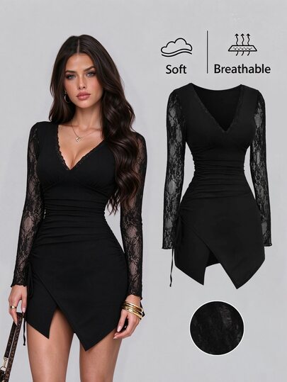 SHEIN PETITE Women's Black Elegant Casual Minimalist Lace Patchwork V-Neck Pleated Slim Fit Drawstring Design Asymmetrical Hem Midi Dress