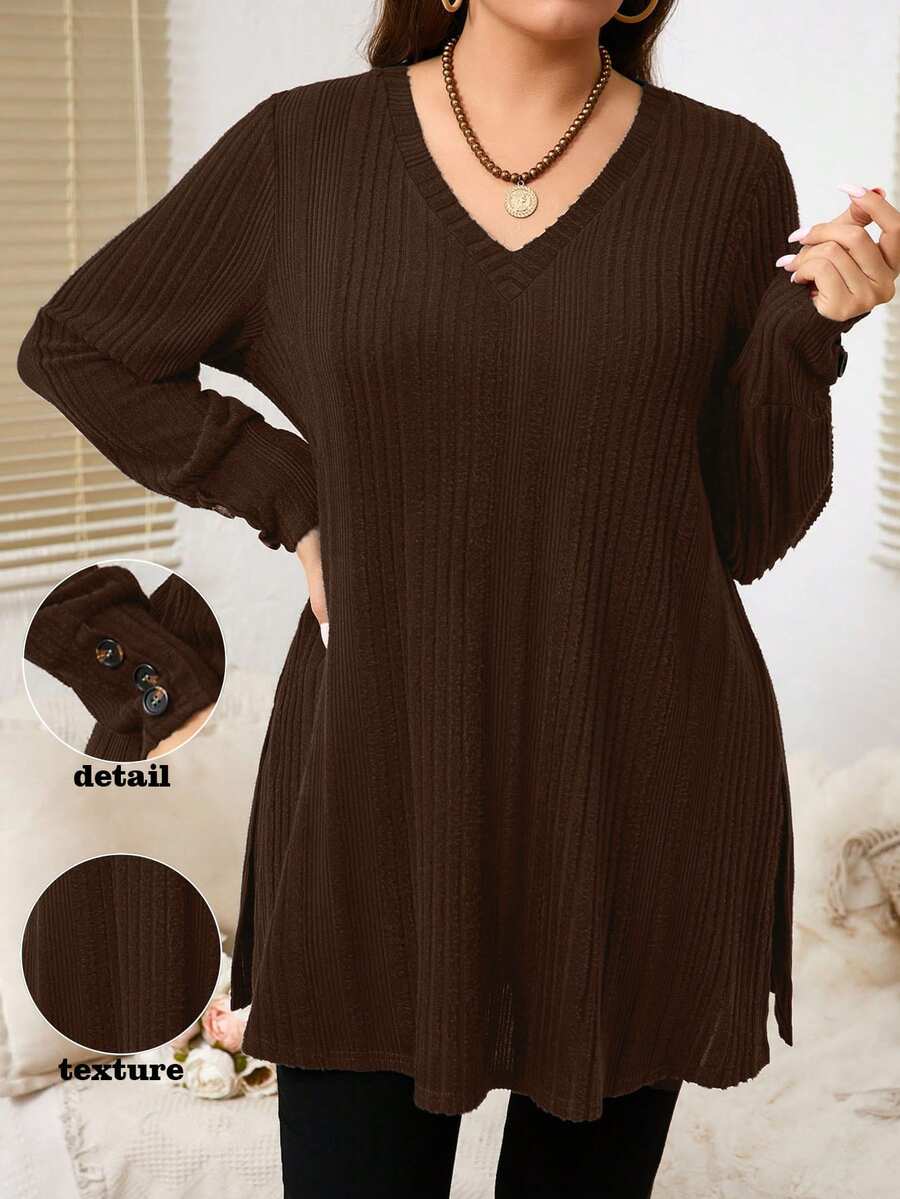 EMERY ROSE 大尺碼純色V領長袖鈕扣裝飾休閒T恤女款秋季上衣 - 棕色 - 查看 1