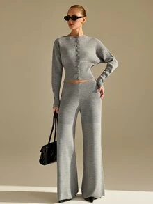 CLARA VERO Button Front Flare Knit Pants Set, Slim Fit, Daily Or Casual, Open Crew Neck, Mild Bell Bottom - Cream - View 9