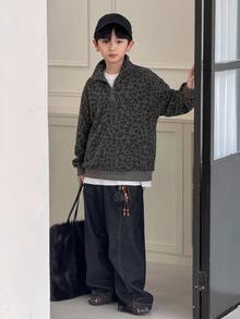 Dazy Kids 青少年男孩休閒寬鬆豹紋 Polo 領運動衫，秋季 - 深灰色 - 查看 7