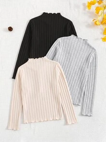 3pcs Tween Girls' Casual All-Match Solid Color Ribbed Lettuce Trim Mock Neck T-Shirts - Multicolor - View 5