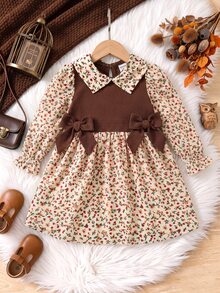 SHEIN Baby Girl Floral Bow Long Sleeve Colorblock Collar Dress - Brown - View 5