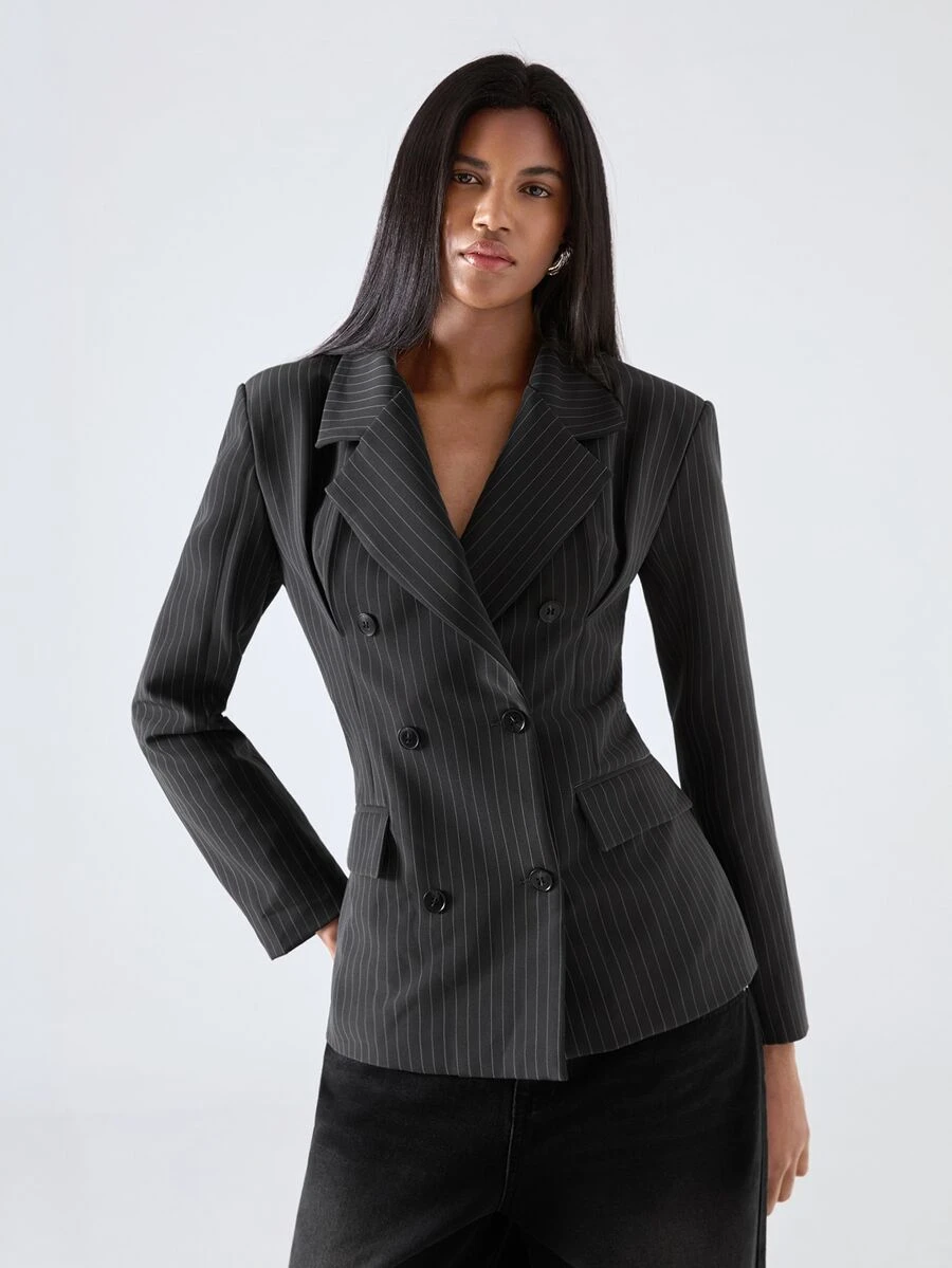 LYSMO Women's Commuter Business Cinched Waist Striped Blazer - Grey - View 1