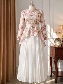 Rometta Plus Size Multi-Color Floral All-Over Print Stand Collar Frog Button Long Sleeve Cinched Waist A-Line Front Short Back Long Hem Blouse + Elastic Waist Full Skirt 2 Pieces Set Elegant Chinese Style For Outing, Date, Gathering, Party - Multicolor - View 3