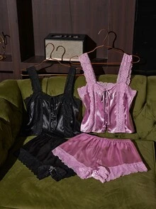 SilkySpell Black & Purple Faux Silk Lace Panel Decor Front Button Camisole Shorts Sexy Women's Sleepwear 4pcs Set - Black - View 5