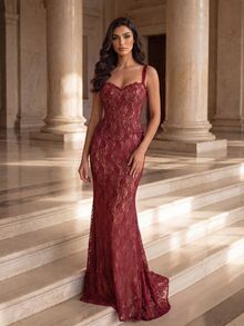 Coutiva Women's Evening Dress Lace Spaghetti Strap Floor Length Gown Suitable For Wedding, Party, Gift, Holiday, Date, Formal Dinner, Afternoon Tea - Red - View 5