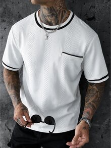 Manfinity Homme Women's Textured Jacquard Short Sleeve T-Shirt, Contrast Black Trim Ribbed Crew Neck, Loose Casual Pocket Decor Top - White - View 7