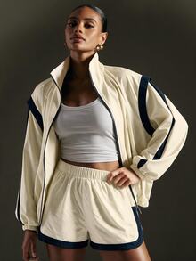 Hauture Women's Navy Blue Contrast Striped Stand Collar Sports Jacket , Casual American Retro Loose Zipper Jacket - White - View 5