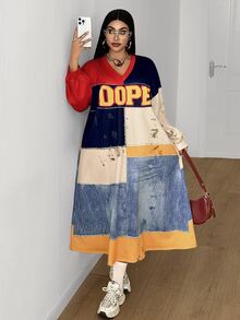 Maweii Colorblock Patchwork V-Neck Letter Print Long Sleeve Dress Sweatshirt - Multicolor - View 5