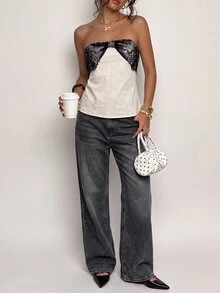 SHEIN PETITE Summer New Lace Patchwork Sleeveless Bandeau Top For Women - Apricot - View 3