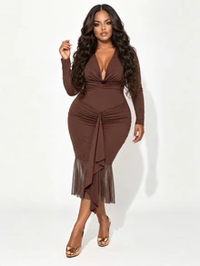 Poshavie Poshavie Plus Size Women's Long Sleeve Bodycon Midi Dress, Deep Cowl Neck Ruched Dress With Mesh Ruffle Hem, Elegant Party Cocktail Dress - Coffee Brown - View 6