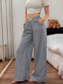 Napfluff Women's Woven Bubble Crinkle Striped Casual Lounge Pants - Blue - View 2