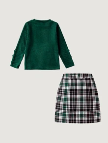 SHEIN 少女美式學院風服飾套裝，紋理長袖T恤上衣搭配同色系鈕扣裙 2件套套裝 - 墨綠色 - 查看 2