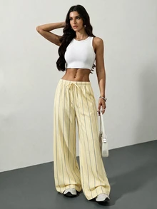 SHEIN Tall Women's Drawstring Striped Long Pants Suitable For Dating, Vacation, Party, Daily Wear, Gathering, Outdoor Activities - Yellow - View 3
