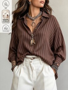 Ceyna Plus Size Brown Striped Cotton Blend Vintage Single-Breasted Button-Down Long Sleeve Shirt, Versatile Outerwear And Inner Layer For Women, Autumn/Winter - Coffee Brown - View 6