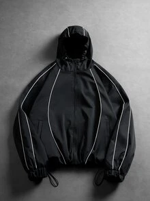 PAVTROS Men's Casual Zip-Up Drawstring Hooded Jacket, Short Streetwear Tech Windbreaker, Loose Fit Outerwear, Autumn/Winter - Black - View 3