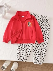 SHEIN 女童 2 件套，秋冬長袖拉鍊夾克 + 波點慢跑褲套裝，可愛卡通斑點狗印花立領夾克，舒適休閒童裝，適合日常戶外穿著 - 紅色 - 查看 4
