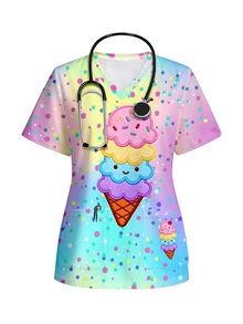 PopScrub 女款彩色漸層V領短袖刷手服上衣 - 彩色 - 查看 1