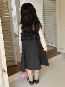 DAZY Young Girl Solid Color Frill Trim Casual Daily Summer Spaghetti Strap Dress - Dark Grey - View 5