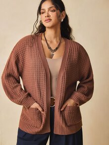 Nubod Plus Size Brown Pocket Design Long Sleeve Cardigan Sweater Vintage Comfortable Casual - Brown - View 5