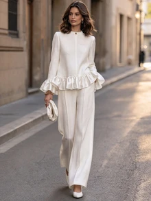 Balvessa Women's Solid Color Round Neck Ruffle Trim Fashionable Premium 2 Pieces Set - White - View 1