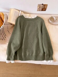 Story & Sage 女款刺繡立領落肩長袖休閒毛衣 秋冬休閒棕色毛衣 女款外出穿搭荷葉邊蕾絲飾邊毛衣 - 軍綠色 - 查看 2