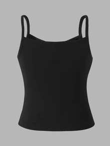 SHEIN Tween Girl1 女童背心上衣，柔軟面料，黑色，夏季，基本款，正式穿著，適合度假 - 黑色 - 查看 2