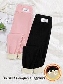 SHEIN 青少年女孩兩件式貼身抓絨保暖內搭褲，腰部貼布裝飾，時尚秋冬款 - 彩色 - 查看 2