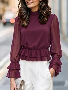 Velvienne Plus Size Elegant Ruffle Hem Streetwear Blouse - Red Violet - View 1