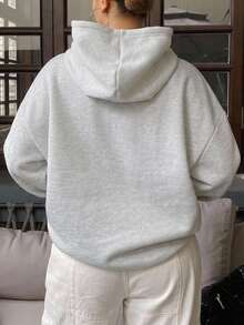 Dazy Plus Hooded Casual Fleece Solid Color Unisex Loose Streetwear Blogger Style Sweatshirt - Grey - View 3