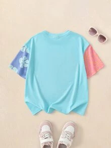 SpongeBob SquarePants | SHEIN Tween Girl Round Neck Short Sleeve Cartoon Graphic T-Shirt - Blue - View 2